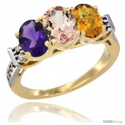 10K Yellow Gold Natural Amethyst, Morganite & Whisky Quartz Ring 3-Stone Oval 7x5 mm Diamond Accent