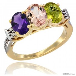 10K Yellow Gold Natural Amethyst, Morganite & Lemon Quartz Ring 3-Stone Oval 7x5 mm Diamond Accent