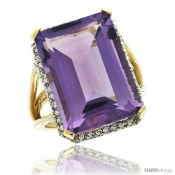 10k Yellow Gold Diamond Amethyst Ring 14.96 ct Emerald shape 18x13 mm Stone, 13/16 in wide