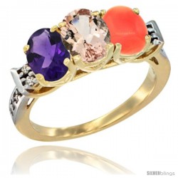 10K Yellow Gold Natural Amethyst, Morganite & Coral Ring 3-Stone Oval 7x5 mm Diamond Accent