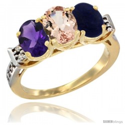10K Yellow Gold Natural Amethyst, Morganite & Lapis Ring 3-Stone Oval 7x5 mm Diamond Accent