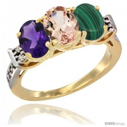 10K Yellow Gold Natural Amethyst, Morganite & Malachite Ring 3-Stone Oval 7x5 mm Diamond Accent