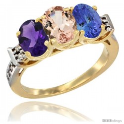 10K Yellow Gold Natural Amethyst, Morganite & Tanzanite Ring 3-Stone Oval 7x5 mm Diamond Accent