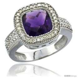 10K White Gold Natural Amethyst Ring Cushion-cut 9x9 Stone Diamond Accent