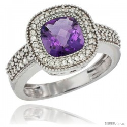 10K White Gold Natural Amethyst Ring Cushion-cut 7x7 Stone Diamond Accent