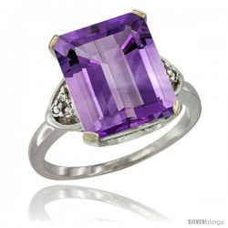 10K White Gold Natural Amethyst Ring Emerald-shape 12x10 Stone Diamond Accent