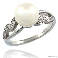 14k White Gold Wavy Pearl Ring w/ 0.043 Carat Brilliant Cut ( H-I Color VS2-SI1 Clarity ) Diamonds & 9mm White Pearl, 11/32