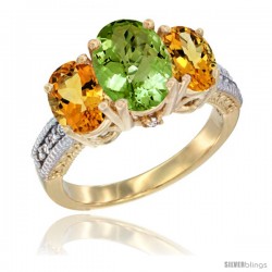 14K Yellow Gold Ladies 3-Stone Oval Natural Peridot Ring with Citrine Sides Diamond Accent