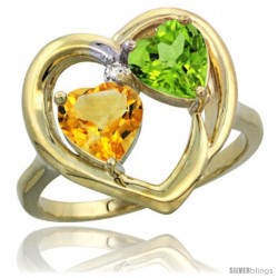 14k Yellow Gold 2-Stone Heart Ring 6mm Natural Citrine & Peridot Diamond Accent