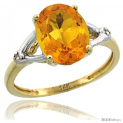 14k Yellow Gold Diamond Citrine Ring 2.4 ct Oval Stone 10x8 mm, 3/8 in wide