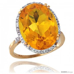 14k Yellow Gold Diamond Halo Large Citrine Ring 10.3 ct Oval Stone 18x13 mm, 3/4 in wide