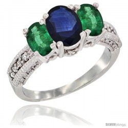 14k White Gold Ladies Oval Natural Blue Sapphire 3-Stone Ring with Emerald Sides Diamond Accent