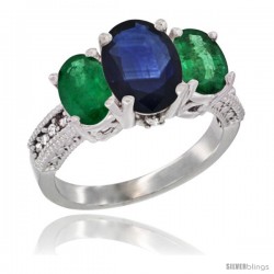 14K White Gold Ladies 3-Stone Oval Natural Blue Sapphire Ring with Emerald Sides Diamond Accent