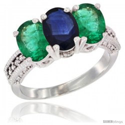 14K White Gold Natural Blue Sapphire & Emerald Sides Ring 3-Stone 7x5 mm Oval Diamond Accent