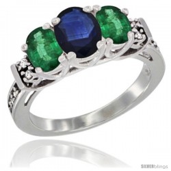 14K White Gold Natural Blue Sapphire & Emerald Ring 3-Stone Oval with Diamond Accent