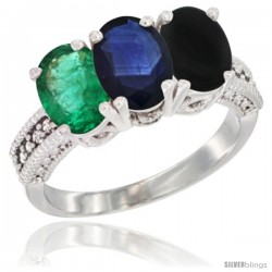 14K White Gold Natural Emerald, Blue Sapphire & Black Onyx Ring 3-Stone 7x5 mm Oval Diamond Accent