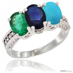 14K White Gold Natural Emerald, Blue Sapphire & Turquoise Ring 3-Stone 7x5 mm Oval Diamond Accent