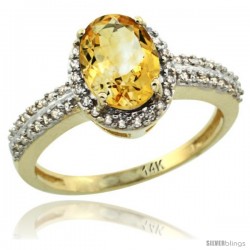 14k Yellow Gold Diamond Halo Citrine Ring 1.2 ct Oval Stone 8x6 mm, 3/8 in wide