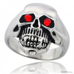 Surgical Steel Biker Skull Ring Red CZ Eyes 13/16 in