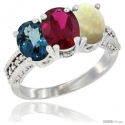 14K White Gold Natural London Blue Topaz, Ruby & Opal Ring 3-Stone 7x5 mm Oval Diamond Accent