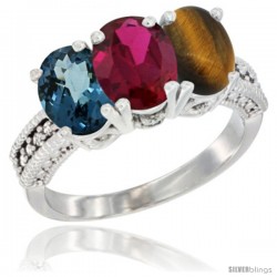 14K White Gold Natural London Blue Topaz, Ruby & Tiger Eye Ring 3-Stone 7x5 mm Oval Diamond Accent