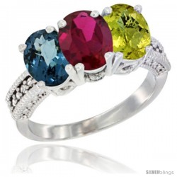 14K White Gold Natural London Blue Topaz, Ruby & Lemon Quartz Ring 3-Stone 7x5 mm Oval Diamond Accent