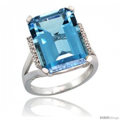 14k White Gold Diamond London Blue Topaz Ring 12 ct Emerald Cut 16x12 stone 3/4 in wide