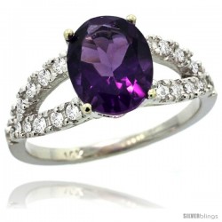 14k White Gold Natural Amethyst Ring 10x8 mm Oval Shape Diamond Accent, 3/8inch wide