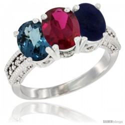 14K White Gold Natural London Blue Topaz, Ruby & Lapis Ring 3-Stone 7x5 mm Oval Diamond Accent