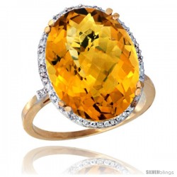 10k Yellow Gold Diamond Halo Large Whisky Quartz Ring 10.3 ct Oval Stone 18x13 mm, 3/4 in wide