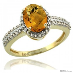 10k Yellow Gold Diamond Halo Whisky Quartz Ring 1.2 ct Oval Stone 8x6 mm, 3/8 in wide