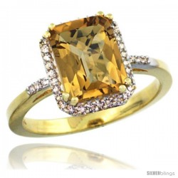 10k Yellow Gold Diamond Whisky Quartz Ring 2.53 ct Emerald Shape 9x7 mm, 1/2 in wide