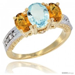 10K Yellow Gold Ladies Oval Natural Aquamarine 3-Stone Ring with Whisky Quartz Sides Diamond Accent