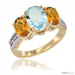 10K Yellow Gold Ladies 3-Stone Oval Natural Aquamarine Ring with Whisky Quartz Sides Diamond Accent