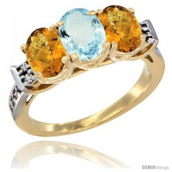 10K Yellow Gold Natural Aquamarine & Whisky Quartz Sides Ring 3-Stone Oval 7x5 mm Diamond Accent