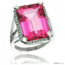 Sterling Silver Diamond Natural Pink Topaz Ring 14.96 ct Emerald Shape 18x13 mm Stone, 13/16 in wide