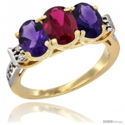 10K Yellow Gold Natural Ruby & Amethyst Sides Ring 3-Stone Oval 7x5 mm Diamond Accent