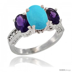 10K White Gold Ladies Natural Turquoise Oval 3 Stone Ring with Amethyst Sides Diamond Accent