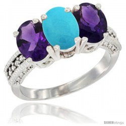 10K White Gold Natural Turquoise & Amethyst Sides Ring 3-Stone Oval 7x5 mm Diamond Accent