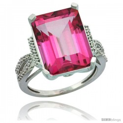 Sterling Silver Diamond Natural Pink Topaz Ring 12 ct Emerald Shape 16x12 Stone 3/4 in wide