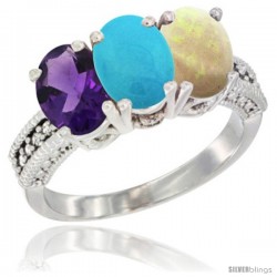 10K White Gold Natural Amethyst, Turquoise & Opal Ring 3-Stone Oval 7x5 mm Diamond Accent