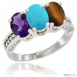 10K White Gold Natural Amethyst, Turquoise & Tiger Eye Ring 3-Stone Oval 7x5 mm Diamond Accent