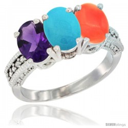 10K White Gold Natural Amethyst, Turquoise & Coral Ring 3-Stone Oval 7x5 mm Diamond Accent