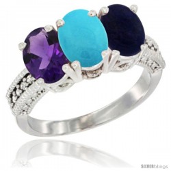 10K White Gold Natural Amethyst, Turquoise & Lapis Ring 3-Stone Oval 7x5 mm Diamond Accent