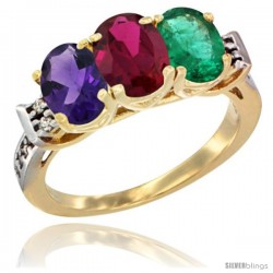 10K Yellow Gold Natural Amethyst, Ruby & Emerald Ring 3-Stone Oval 7x5 mm Diamond Accent