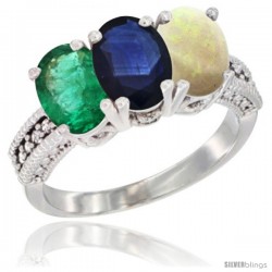 14K White Gold Natural Emerald, Blue Sapphire & Opal Ring 3-Stone 7x5 mm Oval Diamond Accent