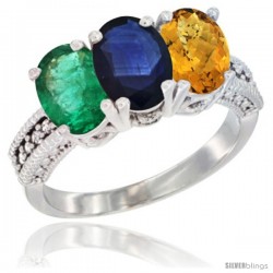 14K White Gold Natural Emerald, Blue Sapphire & Whisky Quartz Ring 3-Stone 7x5 mm Oval Diamond Accent