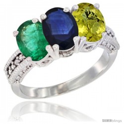 14K White Gold Natural Emerald, Blue Sapphire & Lemon Quartz Ring 3-Stone 7x5 mm Oval Diamond Accent