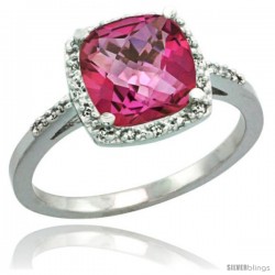 Sterling Silver Diamond Natural Pink Topaz Ring 2.08 ct Cushion cut 8 mm Stone 1/2 in wide