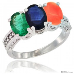 14K White Gold Natural Emerald, Blue Sapphire & Coral Ring 3-Stone 7x5 mm Oval Diamond Accent